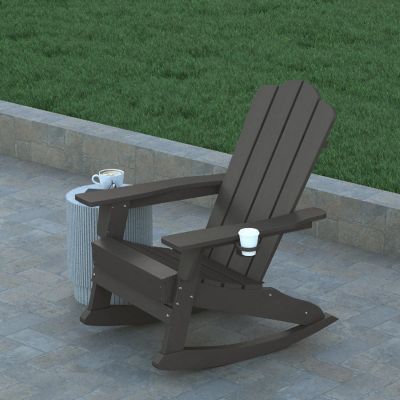 Emma + Oliver Haley Adirondack Rocking Chair with Cup Holder, Weather Resistant Poly Resin Adirondack Rocking Chair, Gray Image 1