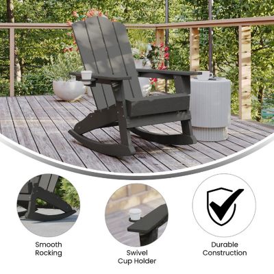 Emma + Oliver Haley Adirondack Rocking Chair with Cup Holder, Weather Resistant Poly Resin Adirondack Rocking Chair, Gray Image 2