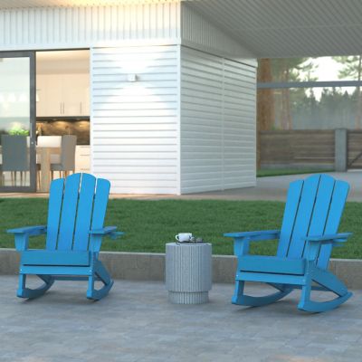 Emma + Oliver Haley Adirondack Rocking Chairs with Cup Holder, Weather Resistant Poly Resin Adirondack Rocking Chairs, Set of 2, Blue Image 1