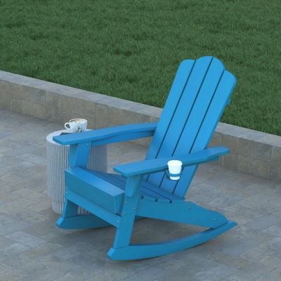Emma + Oliver Haley Adirondack Rocking Chairs with Cup Holder, Weather Resistant Poly Resin Adirondack Rocking Chairs, Set of 2, Blue Image 2