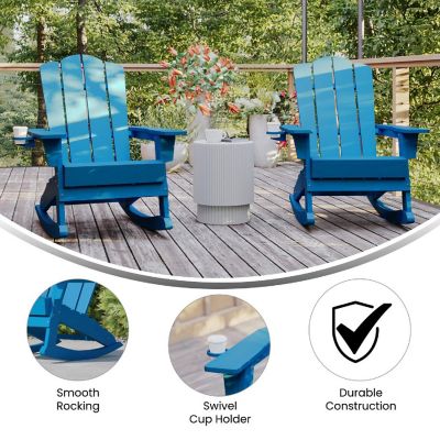 Emma + Oliver Haley Adirondack Rocking Chairs with Cup Holder, Weather Resistant Poly Resin Adirondack Rocking Chairs, Set of 2, Blue Image 3