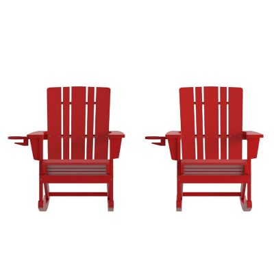 Emma + Oliver Haley Adirondack Rocking Chairs with Cup Holder, Weather Resistant Poly Resin Adirondack Rocking Chairs, Set of 2, Red Image 1