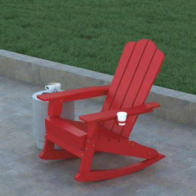 Emma + Oliver Haley Adirondack Rocking Chairs with Cup Holder, Weather Resistant Poly Resin Adirondack Rocking Chairs, Set of 2, Red Image 2