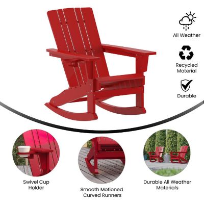 Emma + Oliver Haley Adirondack Rocking Chairs with Cup Holder, Weather Resistant Poly Resin Adirondack Rocking Chairs, Set of 2, Red Image 3