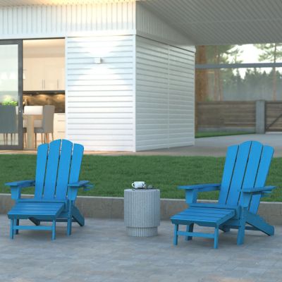 Emma + Oliver Haley Poly Resin Adirondack Chair with Cup Holder and Pull Out Ottoman, All-Weather Poly Resin Indoor/Outdoor Lounge Chair, Set of 2, Blue Image 1