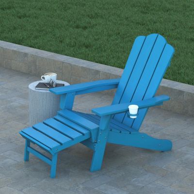 Emma + Oliver Haley Poly Resin Adirondack Chair with Cup Holder and Pull Out Ottoman, All-Weather Poly Resin Indoor/Outdoor Lounge Chair, Set of 2, Blue Image 2