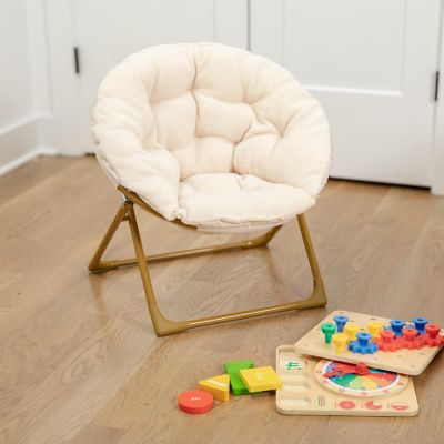 Emma + Oliver Io Kid's Folding Saucer Chair - Ivory Faux Fur Moon Chair - Soft Gold Metal Frame - 23" Portable Folding Chair - For Dorm and Bedroom Image 1
