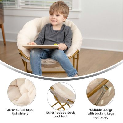 Emma + Oliver Io Kid's Folding Saucer Chair - Ivory Faux Fur Moon Chair - Soft Gold Metal Frame - 23" Portable Folding Chair - For Dorm and Bedroom Image 3