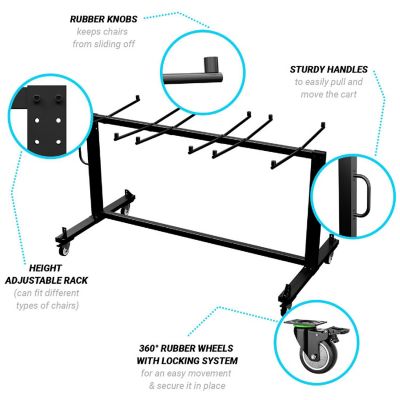 Emma + Oliver Kirk Heavy Duty Folding Table and Chairs Mobile Cart with Locking Wheels and Included Bungee Cords, Black Image 3