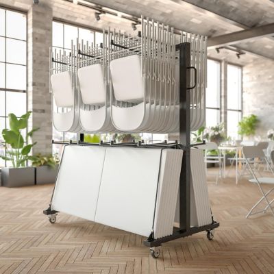 Emma + Oliver Kirk Heavy Duty Folding Table and Chairs Mobile Cart with Locking Wheels and Included Outdoor Cover and Bungee Cords, Black Image 2