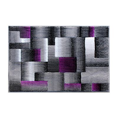 Emma + Oliver Malaga Olefin Accent Rug - Modern Cubist Pattern - Black and Gray Shades with Vibrant Purple Accents - 2x3 - Moisture & Stain Resistant Image 1