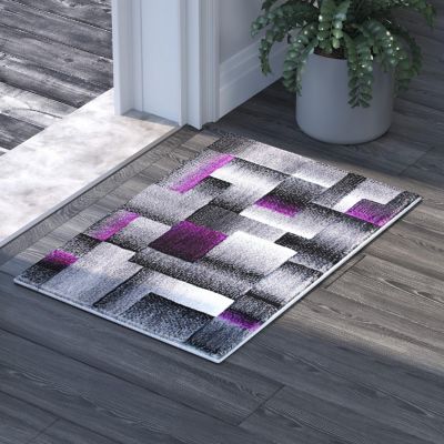 Emma + Oliver Malaga Olefin Accent Rug - Modern Cubist Pattern - Black and Gray Shades with Vibrant Purple Accents - 2x3 - Moisture & Stain Resistant Image 1