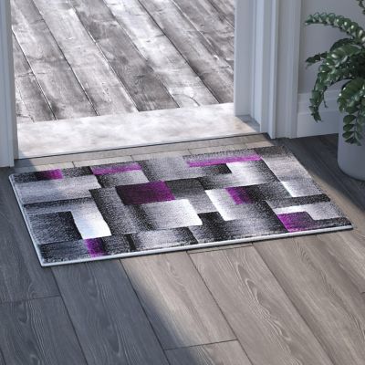 Emma + Oliver Malaga Olefin Accent Rug - Modern Cubist Pattern - Black and Gray Shades with Vibrant Purple Accents - 2x3 - Moisture & Stain Resistant Image 2