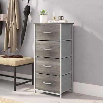 Emma + Oliver Marley 4 Drawer Storage Dresser, Cast Iron Frame, Engineered Wood Top, Easy Pull Fabric Drawers with Wooden Handles, White/Light Natural Image 1