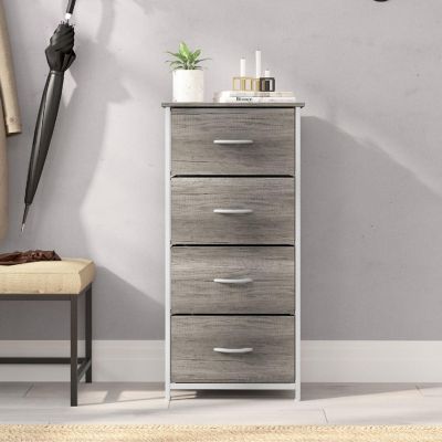 Emma + Oliver Marley 4 Drawer Storage Dresser, Cast Iron Frame, Engineered Wood Top, Easy Pull Fabric Drawers with Wooden Handles, White/Light Natural Image 2