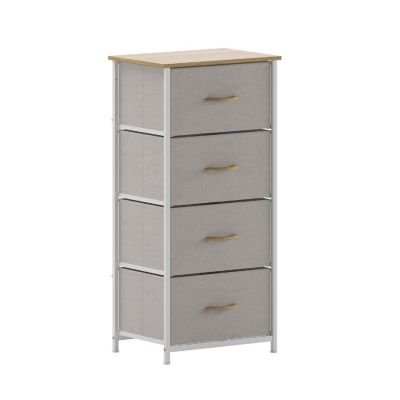 Emma + Oliver Marley 4 Drawer Storage Dresser, Engineered Wood Top and Cast Iron Frame, Easy Pull Fabric Drawers with Wooden Handles, White/Beige Image 1