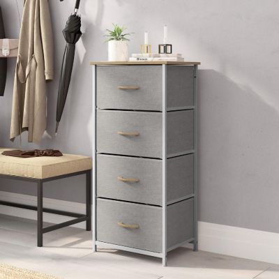 Emma + Oliver Marley 4 Drawer Storage Dresser, Engineered Wood Top and Cast Iron Frame, Easy Pull Fabric Drawers with Wooden Handles, White/Beige Image 1