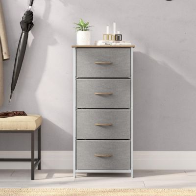 Emma + Oliver Marley 4 Drawer Storage Dresser, Engineered Wood Top and Cast Iron Frame, Easy Pull Fabric Drawers with Wooden Handles, White/Beige Image 2