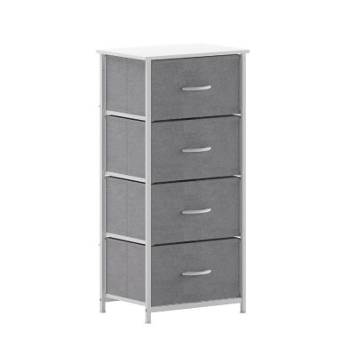 Emma + Oliver Marley 4 Drawer Storage Dresser, Engineered Wood Top and Cast Iron Frame, Easy Pull Fabric Drawers with Wooden Handles, White/Gray Image 1