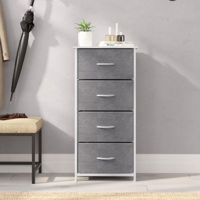 Emma + Oliver Marley 4 Drawer Storage Dresser, Engineered Wood Top and Cast Iron Frame, Easy Pull Fabric Drawers with Wooden Handles, White/Gray Image 2