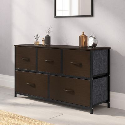 Emma + Oliver Marley 5 Drawer Storage Dresser, Cast Iron Frame, Engineered Wood Top, Easy Pull Fabric Drawers with Wooden Handles, Black/Brown Image 1