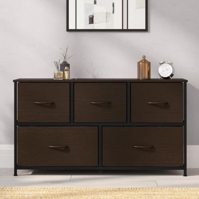 Emma + Oliver Marley 5 Drawer Storage Dresser, Cast Iron Frame, Engineered Wood Top, Easy Pull Fabric Drawers with Wooden Handles, Black/Brown Image 2