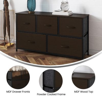 Emma + Oliver Marley 5 Drawer Storage Dresser, Cast Iron Frame, Engineered Wood Top, Easy Pull Fabric Drawers with Wooden Handles, Black/Brown Image 3