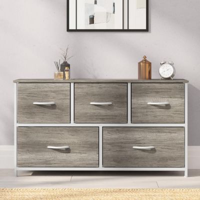Emma + Oliver Marley 5 Drawer Storage Dresser, Cast Iron Frame, Engineered Wood Top, Easy Pull Fabric Drawers with Wooden Handles, White/Light Natural Image 2
