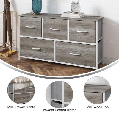 Emma + Oliver Marley 5 Drawer Storage Dresser, Cast Iron Frame, Engineered Wood Top, Easy Pull Fabric Drawers with Wooden Handles, White/Light Natural Image 3