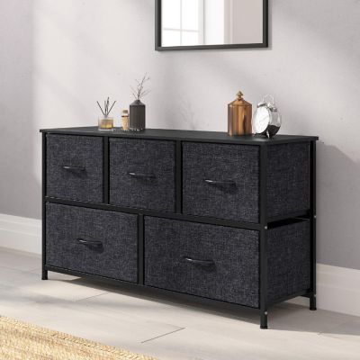 Emma + Oliver Marley 5 Drawer Storage Dresser, Engineered Wood Top and Cast Iron Frame, Easy Pull Fabric Drawers with Wooden Handles, Black/Black Image 1