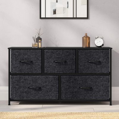 Emma + Oliver Marley 5 Drawer Storage Dresser, Engineered Wood Top and Cast Iron Frame, Easy Pull Fabric Drawers with Wooden Handles, Black/Black Image 2
