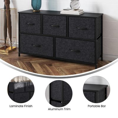 Emma + Oliver Marley 5 Drawer Storage Dresser, Engineered Wood Top and Cast Iron Frame, Easy Pull Fabric Drawers with Wooden Handles, Black/Black Image 3