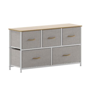 Emma + Oliver Marley 5 Drawer Storage Dresser, Engineered Wood Top and Cast Iron Frame, Easy Pull Fabric Drawers with Wooden Handles, White/Beige Image 1
