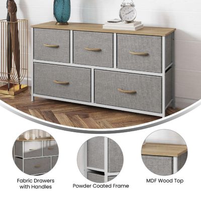 Emma + Oliver Marley 5 Drawer Storage Dresser, Engineered Wood Top and Cast Iron Frame, Easy Pull Fabric Drawers with Wooden Handles, White/Beige Image 3