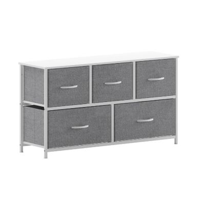 Emma + Oliver Marley 5 Drawer Storage Dresser, Engineered Wood Top and Cast Iron Frame, Easy Pull Fabric Drawers with Wooden Handles, White/Gray Image 1