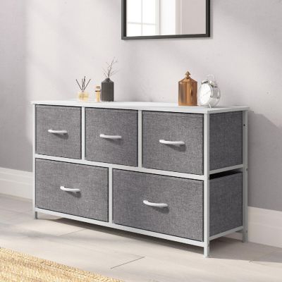 Emma + Oliver Marley 5 Drawer Storage Dresser, Engineered Wood Top and Cast Iron Frame, Easy Pull Fabric Drawers with Wooden Handles, White/Gray Image 1