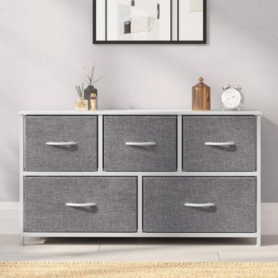 Emma + Oliver Marley 5 Drawer Storage Dresser, Engineered Wood Top and Cast Iron Frame, Easy Pull Fabric Drawers with Wooden Handles, White/Gray Image 2