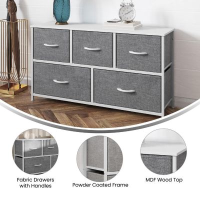Emma + Oliver Marley 5 Drawer Storage Dresser, Engineered Wood Top and Cast Iron Frame, Easy Pull Fabric Drawers with Wooden Handles, White/Gray Image 3