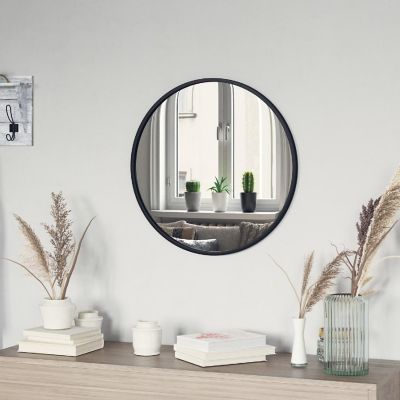 Emma + Oliver Mersin 24" Round Wall Mounted Mirror with Matte Black Iron Frame, Silver Backing and Shatterproof Glass for Entryways, Bathrooms and More Image 1