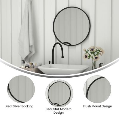 Emma + Oliver Mersin 24" Round Wall Mounted Mirror with Matte Black Iron Frame, Silver Backing and Shatterproof Glass for Entryways, Bathrooms and More Image 3