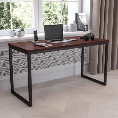 Emma + Oliver Modern Commercial Grade Desk Industrial Style Computer Desk Sturdy Home Office Desk - 55" Length (Mahogany) Image 1