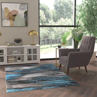 Emma + Oliver Plush Olefin Accent Rug - Shaded Gradient Pattern in Black, Gray and Blue - 5x7 - Moisture & Stain Resistant Image 1