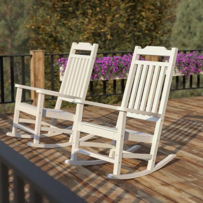 Emma + Oliver Set of 2 All-Weather Rocking Chairs in White Poly Resin Faux Wood - Patio and Yard Furniture Image 1