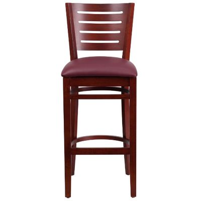 Emma + Oliver Slat Back Mahogany Wood Barstool, Burgundy Vinyl Seat Image 1