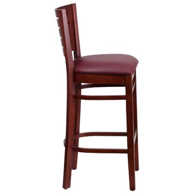 Emma + Oliver Slat Back Mahogany Wood Barstool, Burgundy Vinyl Seat Image 3