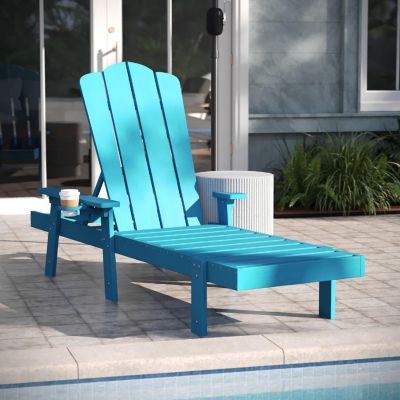 Emma + Oliver Stockton Adjustable Adirondack Lounger with Cup Holder- All-Weather Indoor/Outdoor Recycled HDPE Lounge Chair, Blue Image 1