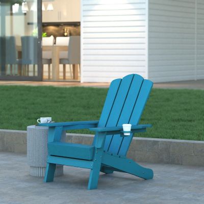 Emma + Oliver Tiverton Adirondack Chair with Cup Holder, Weather Resistant Poly Resin Adirondack Chair, Blue Image 1