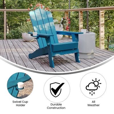 Emma + Oliver Tiverton Adirondack Chair with Cup Holder, Weather Resistant Poly Resin Adirondack Chair, Blue Image 3