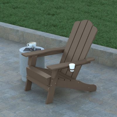 Emma + Oliver Tiverton Adirondack Chairs with Cup Holders, Weather Resistant Poly Resin Adirondack Chairs, Set of 2, Brown Image 1