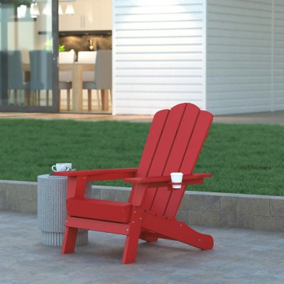 Emma + Oliver Tiverton Adirondack Chairs with Cup Holders, Weather Resistant Poly Resin Adirondack Chairs, Set of 2, Red Image 1